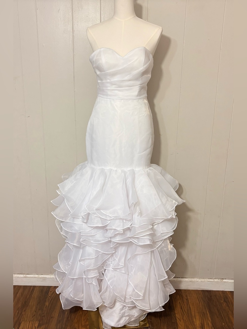 Bridess Strapless Mermaid Wedding Gown White Organza Ruffle Bridal Dress Size 4